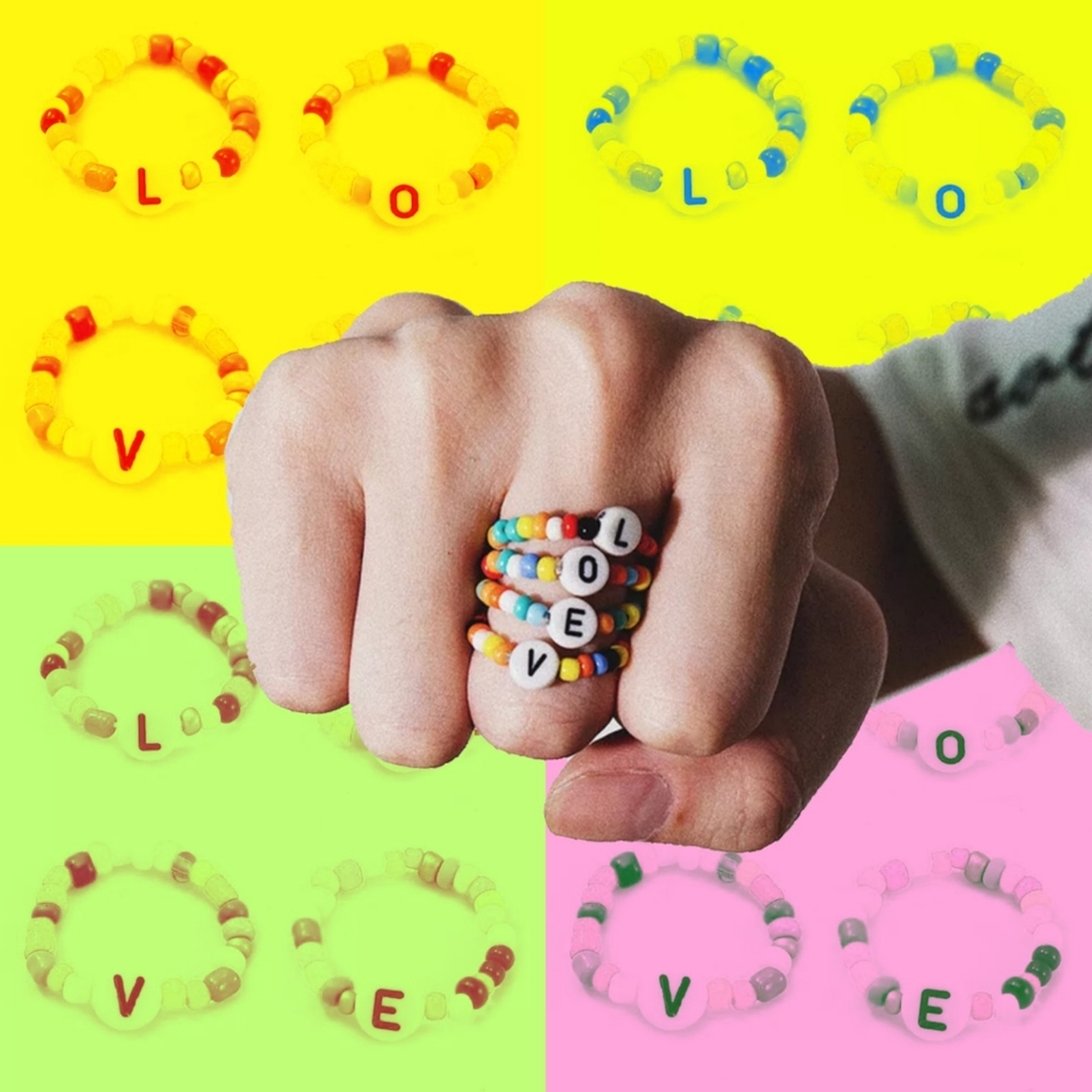 Boho Rainbow LOVE Seed Bead Ring Set of 4